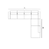 Clift sectional sofa diagram, white line drawing, modular design with three and two-cushion configurations, dimensions labeled A and B.