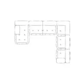 Sectional sofa hand-drawn sketch, black lines on white, L-shape with cushion arrows and X marks, schematic design plan.