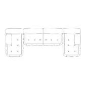 Sectional sofa schematic, white line drawing, L-shape with three modules, quilted seat detail, arrows indicating construction, technical illustration.
