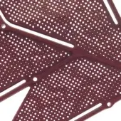 Burgundy metal grille with circular perforations and asymmetrical white leaf design, featuring mounting holes and a matte finish.
