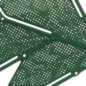 Dark green metal grille with circular perforations and white linear elements forming an abstract foliage pattern against a white backdrop.