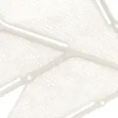White geometric panel with circular perforations and raised linear segments forming an angular, leaf-like pattern; modern architectural element.