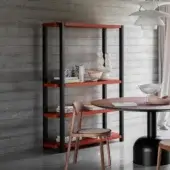 Exceptional Miniforms Palinfrasca bookcase with matte black metal framing and smooth orange-red wood shelving