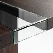Walnut table with transparent glass accent, rectangular shape, matte finish, polished edge, studio lighting, white background.