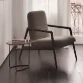 Elegant Horm Carnaby lounge chair with horizontally striped gray fabric upholstery and matte wooden base