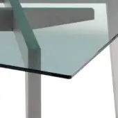 Tempered glass table with clear green tint, supported by a matte gray metal geometric frame featuring angled legs and horizontal bars.