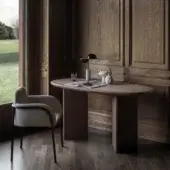 Lavish Cierre1972 Zed desk crafted in Italy with brown wood and leather exhibiting soft edges and rectangular legs