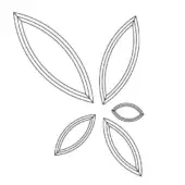 Geometric starburst design with white lines on a white background, featuring symmetrical leaf-like shapes and a minimalist linear composition.