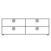 Four-drawer chest, black and white line drawing, rectangular form with circular knobs, minimalist furniture schematic.