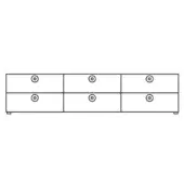 Six-drawer dresser, black and white line art, rectangular form with centered circular knobs, minimalist design, evenly spaced drawers.