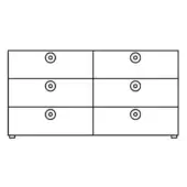 Six-drawer dresser, black and white line drawing, rectangular form with circular knobs, minimalist design, two-section vertical layout.