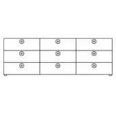 Chest of drawers, black and white line art, nine drawer rectangular form with circular knobs, minimalist design, raised base.