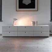 Distinguished Horm Anish sideboard crafted in Italy with a light gray matte finish and unique recessed handle