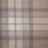 Tartan fabric swatch in cream, gray, and brown tones displays a symmetrical plaid pattern with a dense wool weave and textured surface.