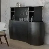 Distinguished Reflex Coco de Mer bar cabinet with uniquely shaped wooden frame and marble-inspired top in lacquered finish