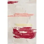 Casa Casati textile, cream and red, features abstract brushstroke bands in coral and gold with a loosely woven, frayed edge.