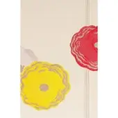 Cream fabric swatch with vertical stripes, featuring red and yellow chrysanthemum floral motifs with gray scalloped edges.