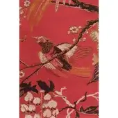 Silk jacquard fabric with red background, gold and brown bird motif, detailed foliage, textured weave, and contrasting dark branches.
