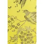 Silk jacquard fabric swatch with repeating yellow bird and floral pattern, tonal design, subtle sheen, and monochromatic effect.