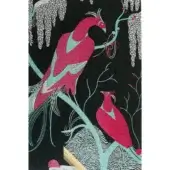 Textile design with red birds and turquoise foliage on black, featuring white textured shapes and subtle text details.