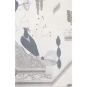 Casa Casati fabric design, “This Must Be The Place 004”, features blue birds and gray geometric shapes on a cream background with textured details.