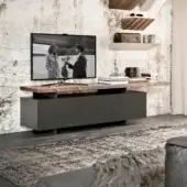 Sophisticated Cattelan Italia Seneca TV stand with dark graphite painted body and Canaletto walnut top exhibiting irregular edges