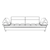 Sofa line drawing, black and white, rectangular frame with square cushions, adjustable bolster pillows, short legs, modern design.