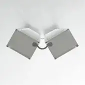 Motorized sunshade, gray aluminum, rectangular with horizontal slats and angled extensions, mounted on a white ceiling, minimalist design.