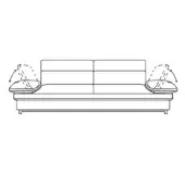 Sofa line drawing, black and white, rectangular three-seater with low profile, square back cushions, round throw pillows, boxy base.