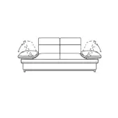 Jack sofa black and white line drawing, rectangular form, curved base, two cushions, round pillows, rotational arrows, modern design.