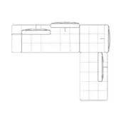 Sectional sofa schematic, white lines, L-shape with three modules, quilted texture, rectangular and cylindrical pillows, minimalist geometric design.