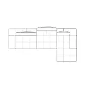 Sectional sofa schematic, white quilted fabric, L-shape with chaise lounge, circular cushions, grid pattern, technical furniture layout diagram.