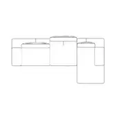 Modular sectional sofa line drawing, gray, rectangular form with rounded cushions and recessed square details on flanking L-shaped arms.