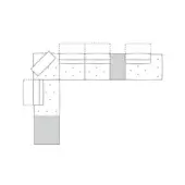 Modular sofa composition, light gray fabric, corner sectional with chaise; technical diagram showing module arrangement and shaded accent details.