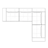 Corner kitchen cabinets schematic with paneled doors in black line drawing, L-shaped layout, and a tall cabinet with handle detail.