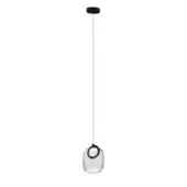 Pendant light, clear glass, organic rounded shade with dark gray band, suspended from black cord and canopy, minimalist design.