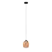 Pendant light, amber glass, droplet shape with black cord and canopy, minimalist design, labeled “version l cr20”.