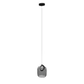 Pendant light, dark gray glass, irregular shade suspended from a black cord with circular canopy against a white background.