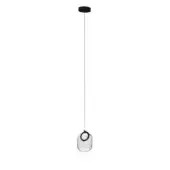 Pendant light, matte black finish, clear glass shade with dark gray band, minimalist design, elongated organic form, labeled “version s cr14”.