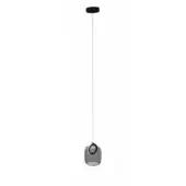 Pendant light, gray glass, teardrop shade with black cord and mount, minimalist design, frosted finish, metal ring detail, version s cr22.