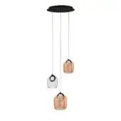 Pendant light fixture, matte black metal, three amber and clear glass pendants with rippled texture in a vertical arrangement.