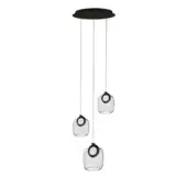 Chandelier, matte black finish, four clear glass pendants with rounded teardrop shapes suspended from a circular canopy via black cords.