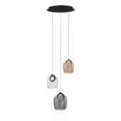 Pendant light fixture, black metal, three glass orbs in smoky gray, amber, clear, descending from dark gray cords, minimalist design.