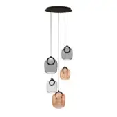 Chandelier with black metal and five glass orbs, alternating smoky gray and amber, in a minimalist tiered arrangement against a white backdrop.