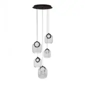 Chandelier, clear glass orbs, dark metal rings, minimalist design, black canopy, suspended from thin black cords, modern lighting fixture.