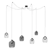 Chandelier, glass and metal, eight-orb contemporary design with smoky gray and clear spheres suspended from black circular canopy.