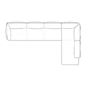 L-shaped sectional sofa line drawing, cushioned with tufted back, showing construction details and horizontal-vertical configuration.