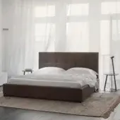 Sophisticated Horm Grenada bed with a grid-patterned headboard upholstered in brown textile and mocha lacquered beechwood feet