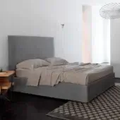 Exceptional Horm Panarea bed with soft gray textile upholstery and mocha lacquered solid beechwood feet