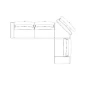 Modular sectional sofa line drawing, black on white, showing seat and corner module dimensions with arrows, clean lines, low profile design.